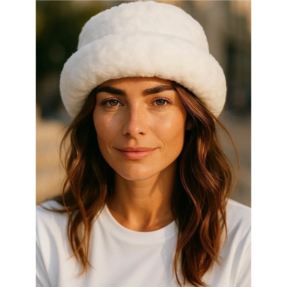 White Faux Fur Bucket Hat Women Plush Shearling Style Winter Cap